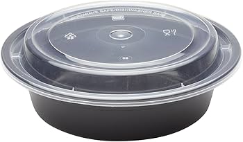 KARAT 16 OZ ROUND PLASTIC CONTAINER MICROWAVEABLE BLACK W/CLEAR LID 150/CS.