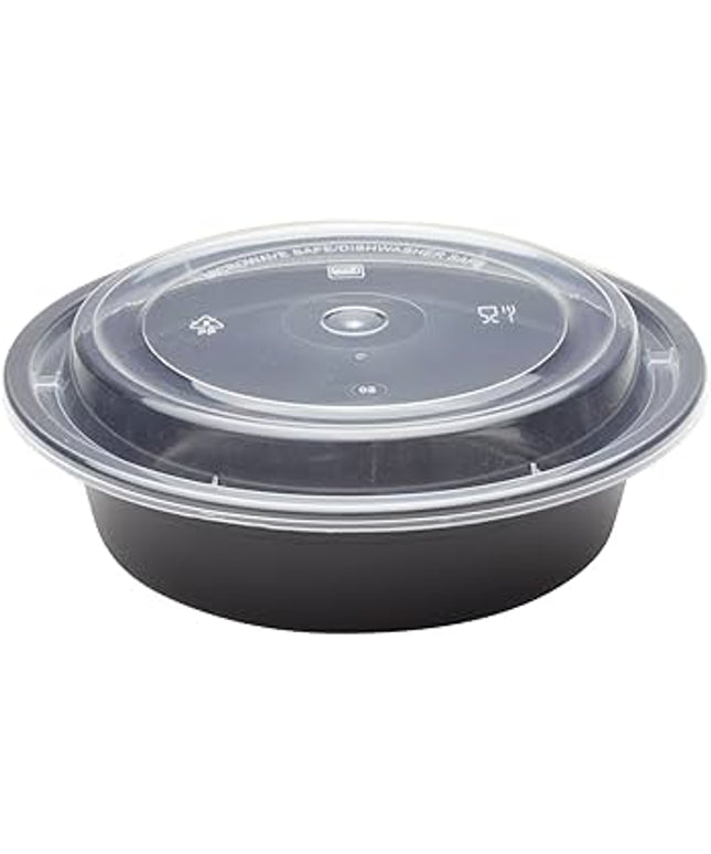 KARAT 16 OZ ROUND PLASTIC CONTAINER MICROWAVEABLE BLACK W/CLEAR LID 150/CS.